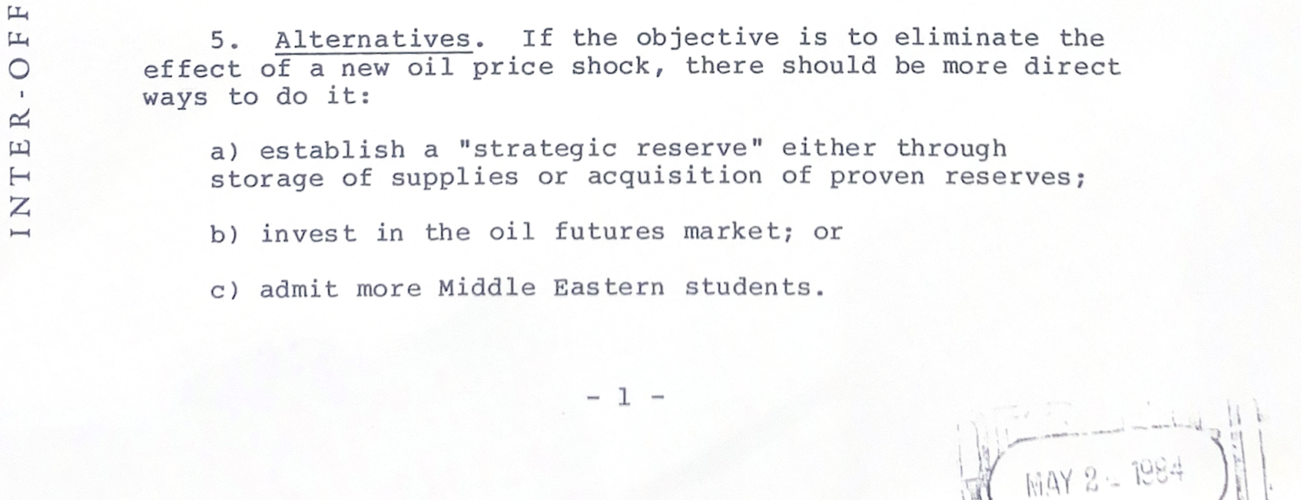 A photograph of the letter mentioned in the story proposing ways to eliminate the effect of oil price shocks.