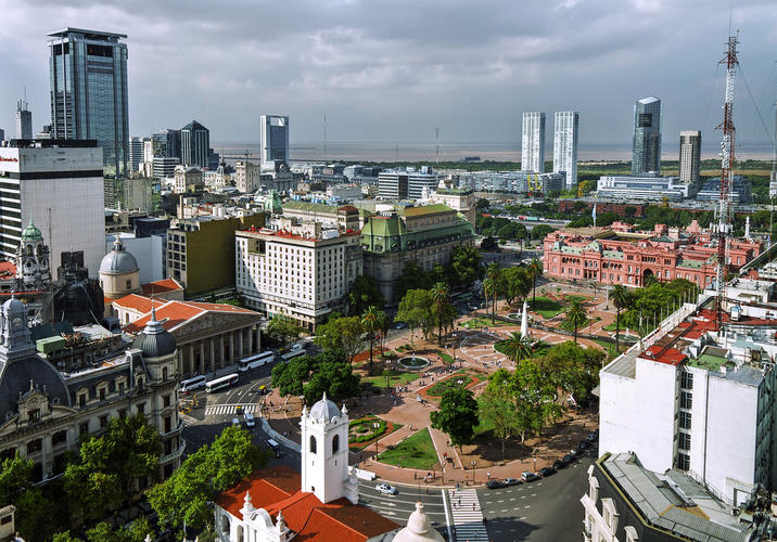 View of Plaza de Mayo with buildings all around.