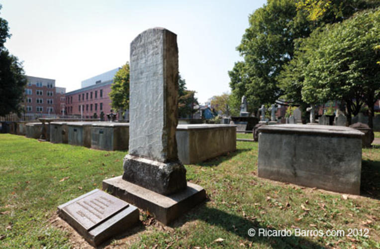 Burr is buried along with his father and grandfather, both Princeton presidents, in Princeton Cemetery. His grave, in the foreground, is the only one in the section that’s out of line, as if it were an afterthought.