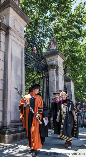 Last march: Mace-bearing Professor Jeff Nunokawa and President Tilghman exit after Commencement through FitzRandolph Gate.