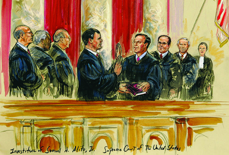 Court illustration of Alito swearing in.