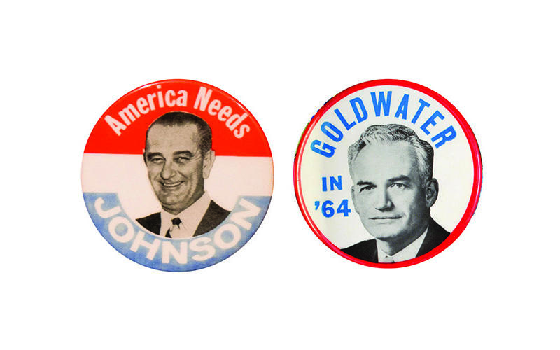 Campaign buttons for Johnson and Goldwater