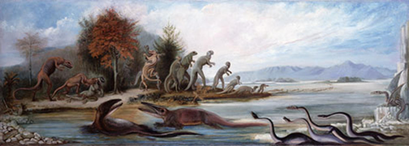 This 1877 oil painting by British artist Benjamin Waterhouse Hawkins, “Cretaceous Life of New Jersey,” hung in Nassau Hall.