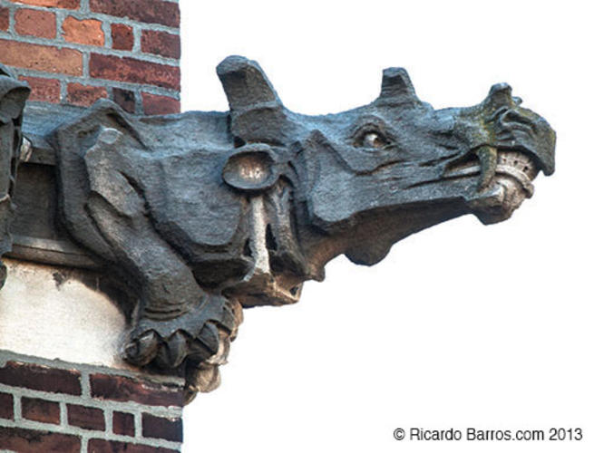 This gargoyle of the strange mammal Uintatherium juts from the northwest corner of Guyot Hall. The building has other carvings of extinct animals, as well.