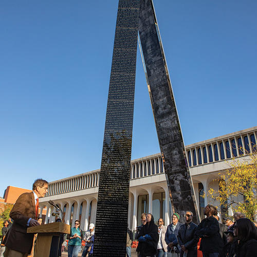 Eisgruber speaking at a dedication ceremony