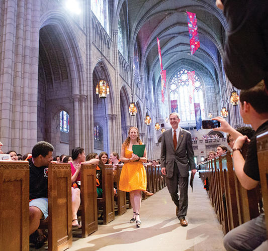 Writer Jodi Picoult ’87, left, and Eisgruber at the Chapel