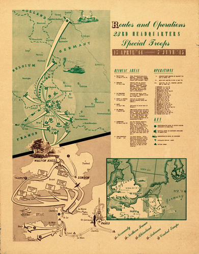 A map created by Ghost Army artist George Martin at the end of the war shows the unit’s operations.