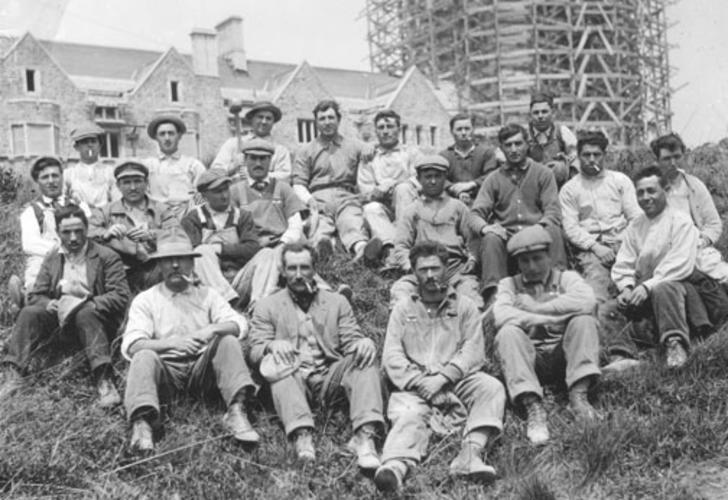 Workers take a break from construction of Cleveland Tower in this 1913 photograph from the Princeton Historical Society.