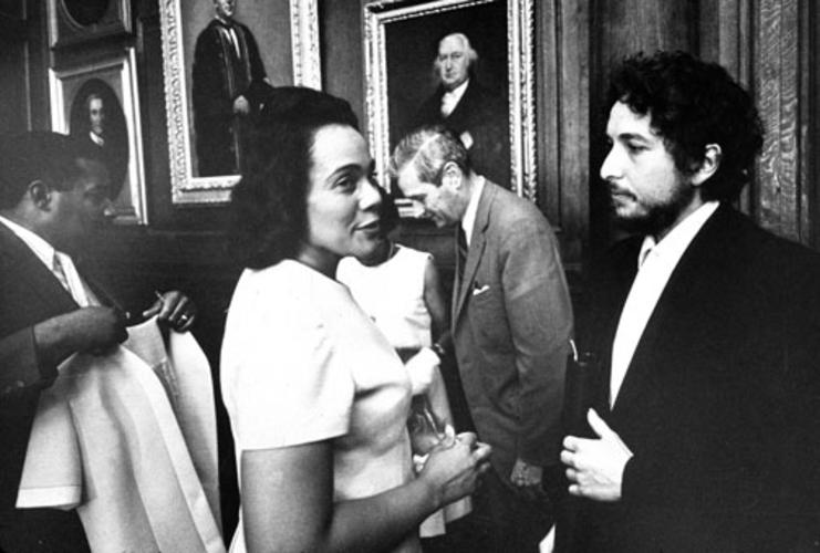 Coretta Scott King, widow of the Rev. Martin Luther King Jr. and a civil-rights leader in her own right, and singer/songwriter Bob Dylan have a few words after receiving honorary degrees at Commencement in 1970.