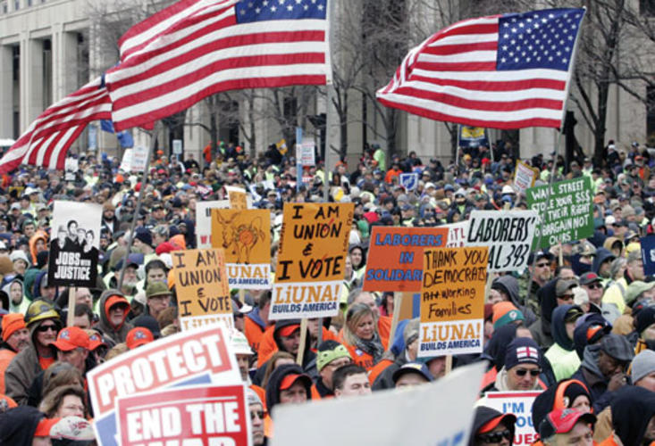 Protesters rally March 10 at the Statehouse in Indianapolis against what they called an attack on labor unions.