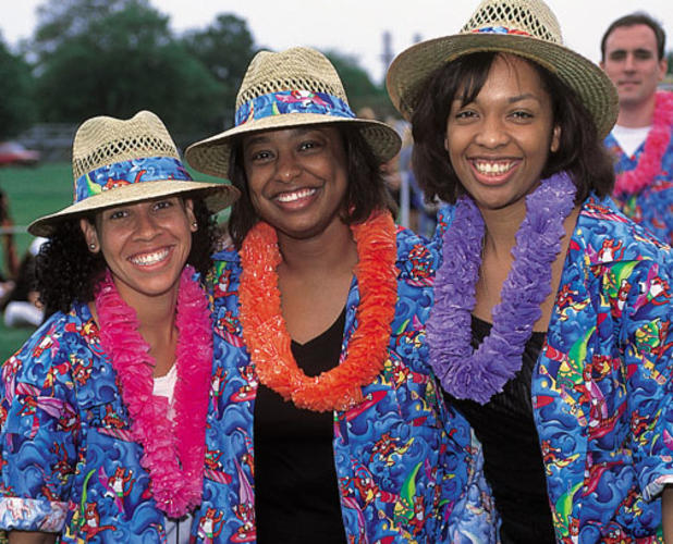 Akira Bell Johnson ’95, right, and ­classmates Alison Hopkins Roberts, left, and Karlyn Brown Johnson celebrate their 5th reunion in 2000.