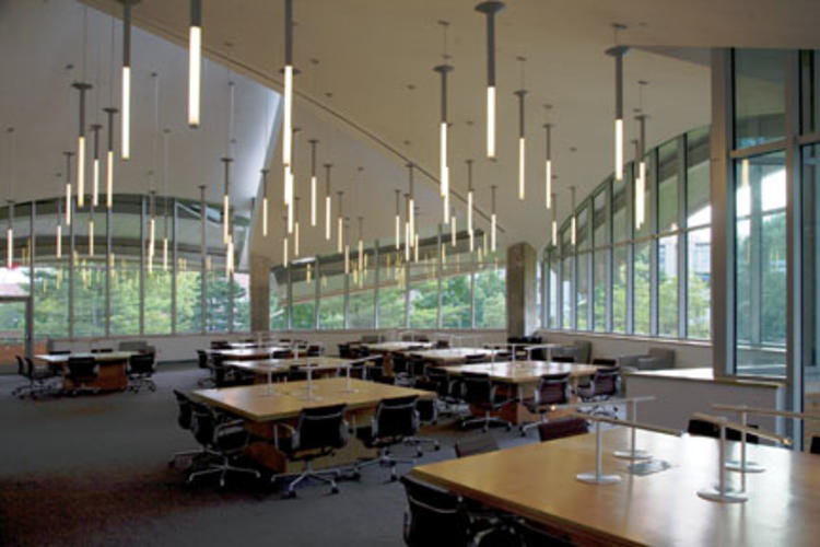 This spacious reading room on the second floor has been dubbed the Treehouse for its leafy views. Fabricating the steel for its complicated roof proved challenging. 