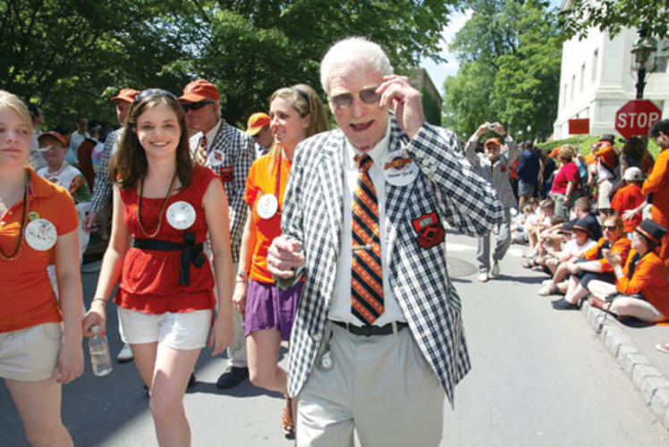 Former N.J. Gov. Brendan Byrne ’49 greets spectators along the P-rade route.