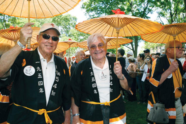 Celebrating their 55th, Bill Ughetta ’54, left, and Duke Slichter ’54 are happy in their happi coats.