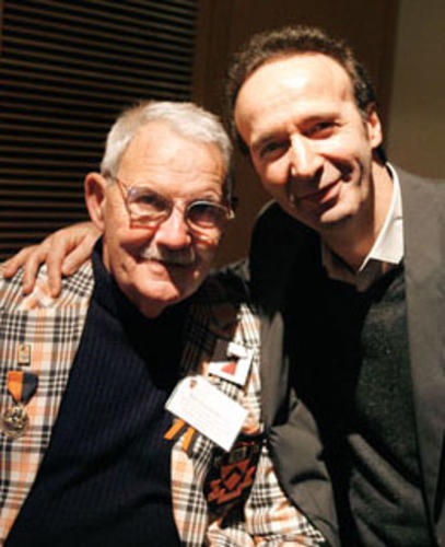 Actor Roberto Benigni, right, joined other Dante enthusiasts at the annual Dante reunion, which brings together former students of professor emeritus Robert Hollander '55, left.