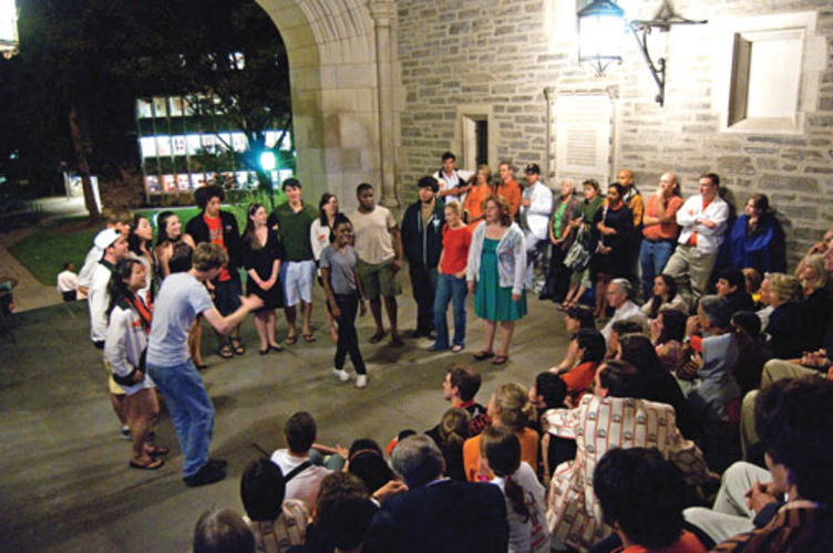 The a capella group Old NasSoul entertains at a Blair Arch sing.