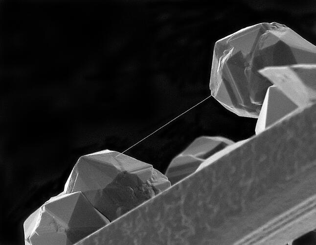 Nano_Wire_Bridges_Big_Worlds_lr.jpg This long, straight nano-size silicon wire was grown together with two micro-size silicon crystal balls. This structure is potentially similar to a silicon transistor, the key component of electronic devices and one of the most important inventions of the