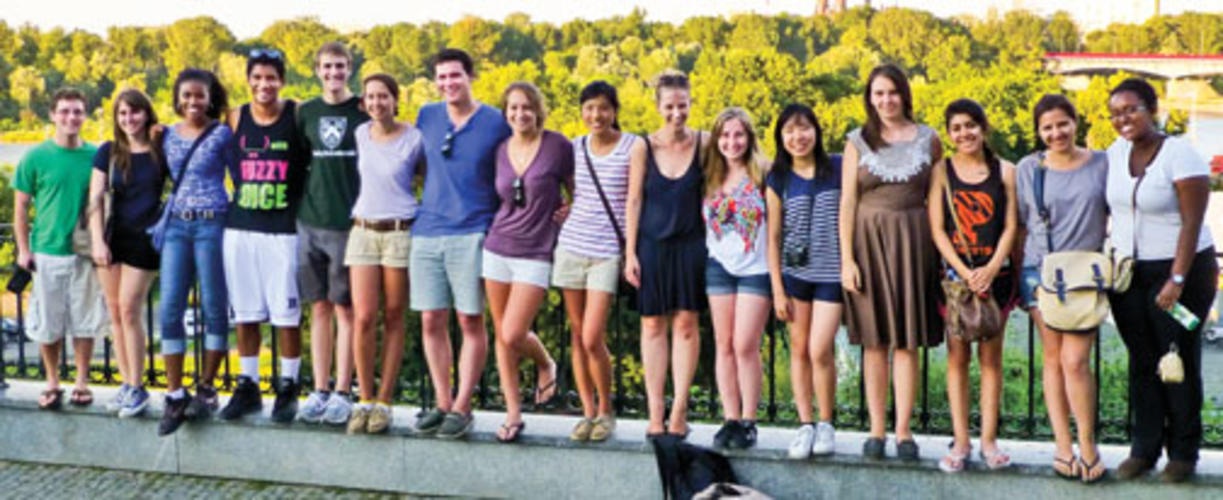 At Warsaw’s Vistula River are, from left, Ben Goldman ’15, Bianca Spataru ’15, Rachel Neil ’13, Quintin Sally ’14, Eric Silberman ’13, Elizabeth LaMontagne ’14, Bradley Yenter ’13, Michelle Scharfstein ’15, Catherine Ku ’14, Iwa Nawroc