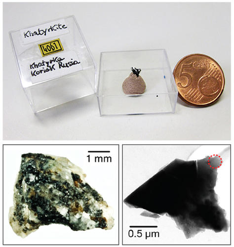 This tiny chunk of meteorite, above and below left, from the geological museum at the University of Florence, ­contained a rare sample of khatyrkite. When a piece of the khatyrkite was examined by X-ray diffraction at the Princeton Institute for the Scie