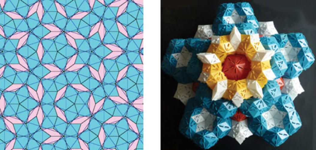 Top left: Penrose tiles are named after British mathematician Roger Penrose, who arranged fat and thin rhombuses in a pattern that not only filled the available space but did so with symmetries thought to be impossible. Steinhardt recognized that these pa