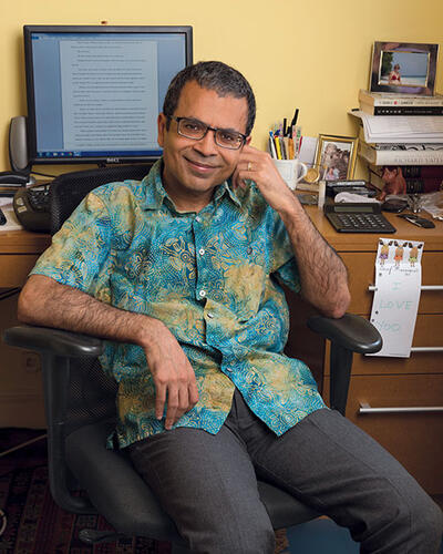 Akhil Sharma ’92 at his desk in his home office in New York City, where he does his writing.