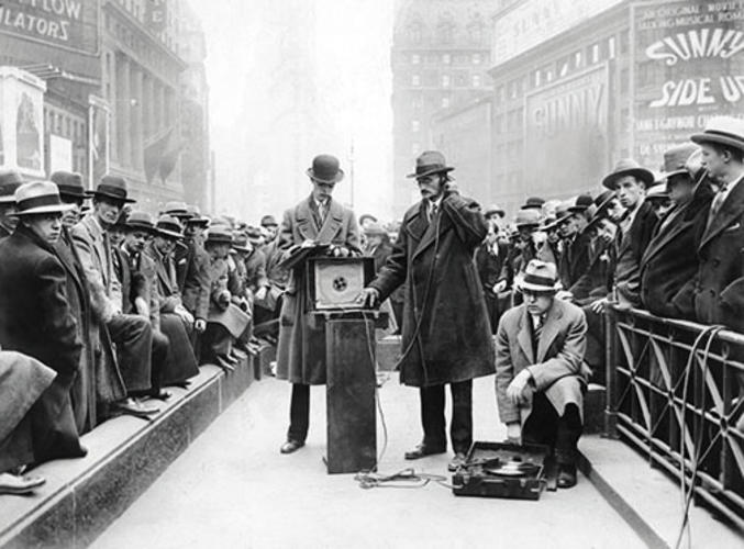 Experts from the Noise Abatement Commission measure the sounds of Times Square in December 1929.