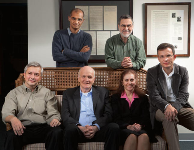 Researchers in Princeton’s Program in Science and Global Security: Sitting, from left, Chris Chyba, Frank von Hippel, Laura Kahn *02, and Alex Glaser. Standing, from left, Zia Mann and Harold Feiveson *72.