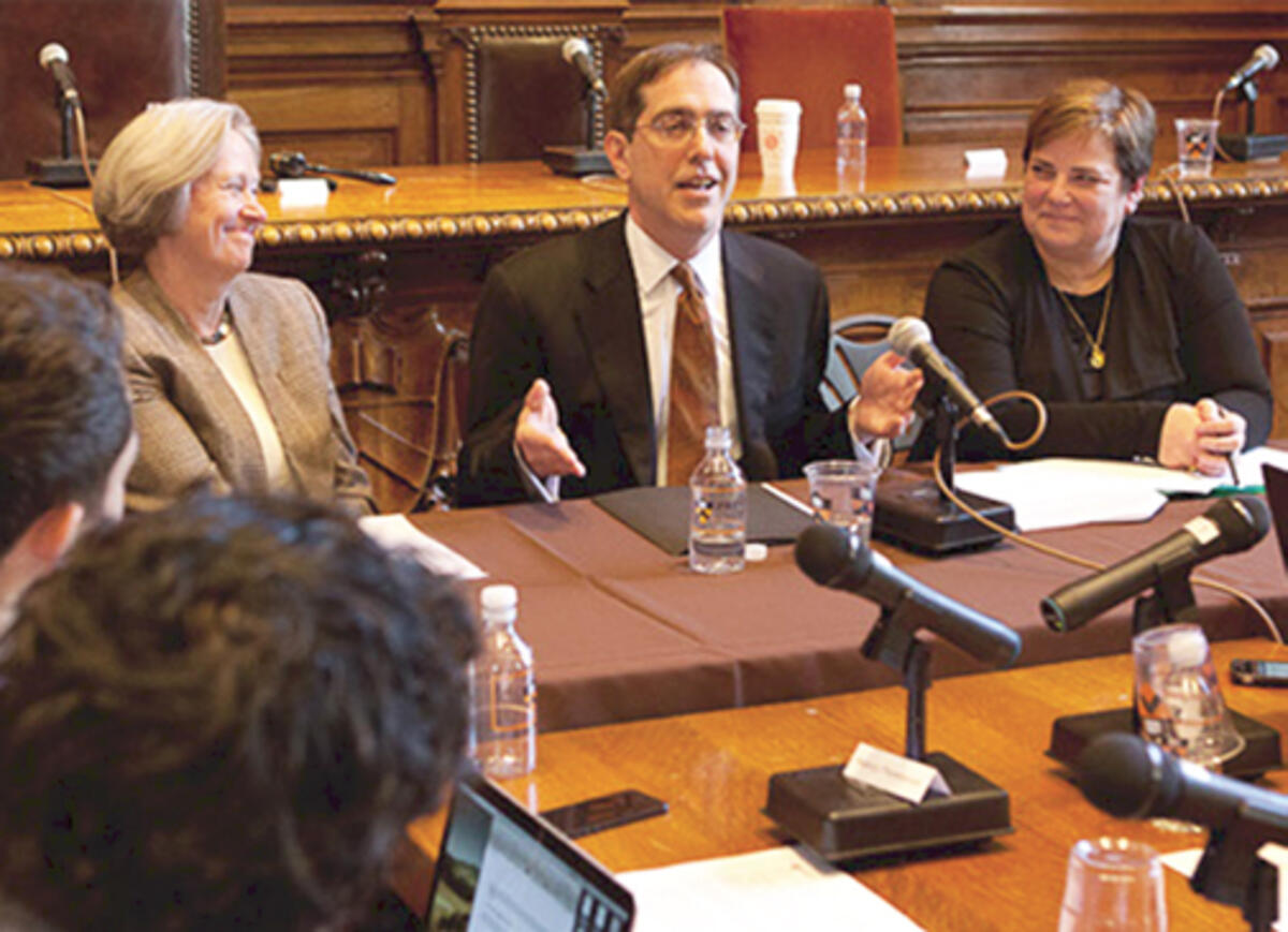 President-elect Chris Eisgruber &rsquo;83 meets the press, flanked by Board of Trustees Chair Katie Hall &rsquo;80 and me.