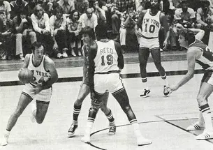 Bill Bradley ’65 moving the ball in the 1973 exhibition game at Jadwin Gym.