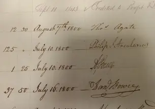 Aaron Burr 1772’s signature dated July 10, 1880, as a stockholder in the Manhattan Company,