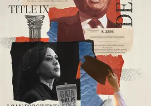 College of images and words, including photos of Donald Trump and Kamala Harris, and the terms "Title IX" and "DEI."