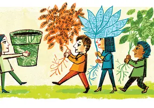 An illustration of a woman holding out a flower pot and three other people coming to her carrying plants.