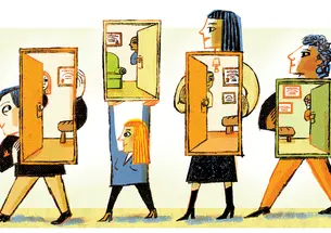 Illustration of people holding open doors.