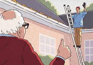 Illustration of a man cleaning gutters while on a ladder waving to an older man on the ground, who's giving him a thumbs-up.