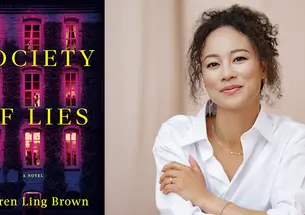 The cover of "Society of Lies," with a photo of nine windows on an ivy-covered building; and a photo of author Lauren Brown ’12. 