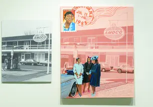 Historical photo of Griggs' Corner Amoco, left, and Onome Daniella Olotu’s painting of three women at the site