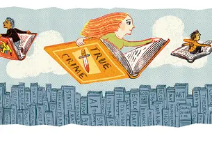 An illustration of three people flying open books like airplanes. 