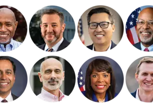 Headshots of Herb Conaway ’85, Ted Cruz ’92, Vince Fong ’03, Glenn Ivey ’83, Raja Krishnamoorthi ’95, Joe Salerno ’84, Terri Sewell ’86, and George Whitesides ’96