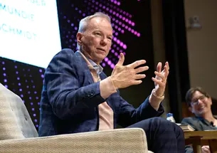 Eric Schmidt, left, and Jennifer Rexford discuss AI during a Nov. 20 event at McCosh Hall.