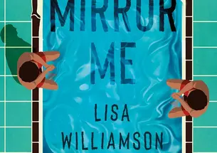 Mirror Me book cover features an illustration of an areal view of a pool with two people sitting across the pool from each other. 