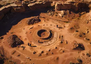 An aerial view of the ancient Native American ruins at Chaco Canyon, New Mexico.