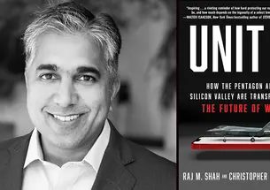 Raj Shah with the cover of his book, "Unit X," featuring an image of a fighter jet on top of a cell phone.
