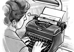 Illustration of a woman typing on a typewriter.