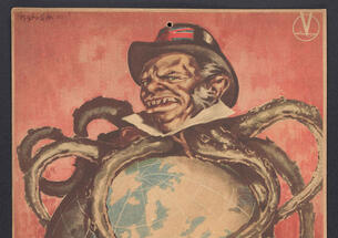 Poster with a human-faced octopus figure wrapped around a globe