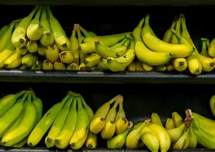Green and yellow bananas on a grocery shelf