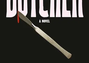 Book cover of Butcher by Joyce Carol Oates which is black with white test and a knife dripping blood