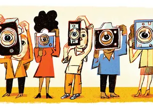 illustration showing diverse male and female students holding various types of cameras