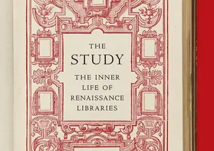 Book cover of The Study by Andrew Hui *09 which looks like the inside cover of a book with ornate red details.