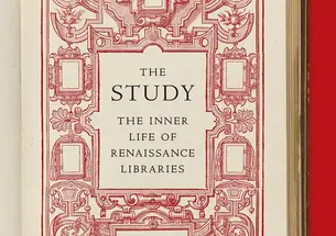 Book cover of The Study by Andrew Hui *09 which looks like the inside cover of a book with ornate red details.
