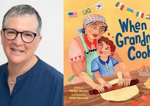 A photo of Margot Mustich and the cover of her book, "When Grandmas Cook."